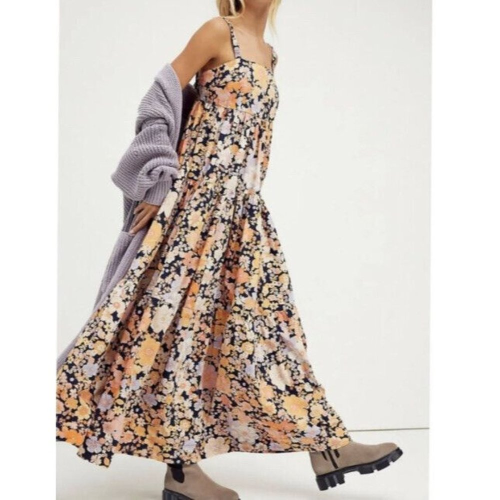 Free People S Park Slope Floral Maxi Dress Dark Combo Cotton blue oversized New